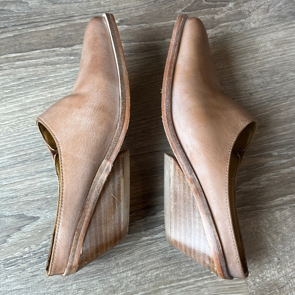 Free People Tan Leather Pointed Toe Architectural Stacked‎ Wedge Mules Size 36